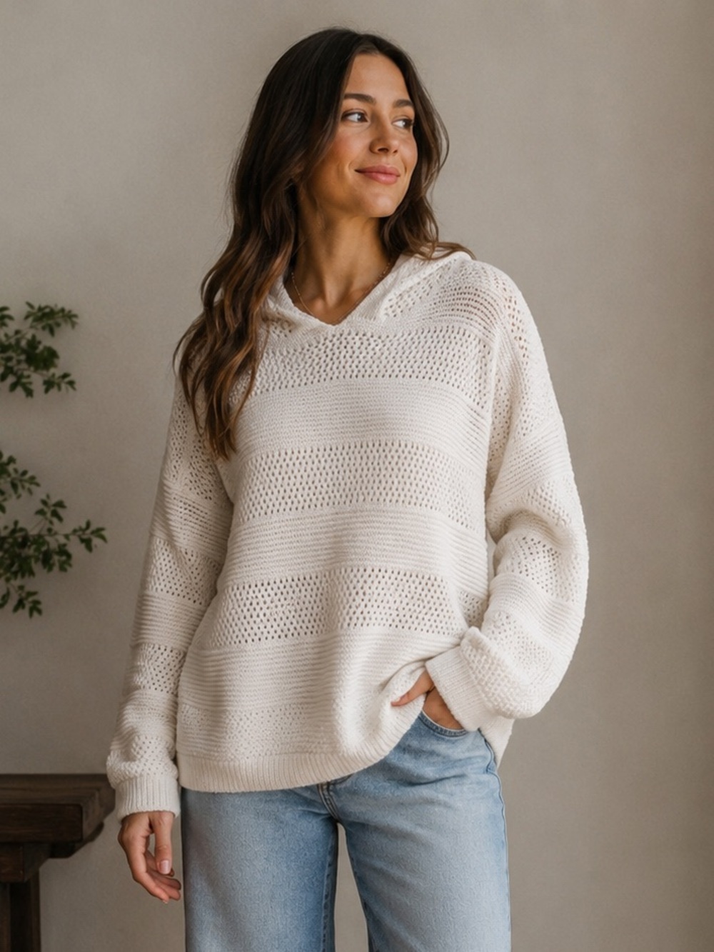 VENUS Lightweight Oversized Off-White Open-Knit Hooded Pullover Sweater Size M
